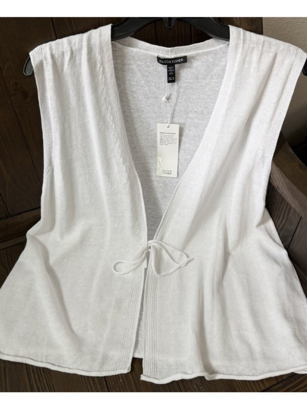 Eileen Fisher MEDIUM Organic Linen Cotton Tie Vest White Lightweight Knit NWT